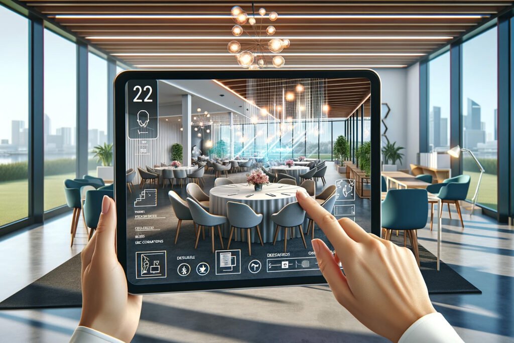 Image of a person viewing a room through a tablet for a virtual tour of a venue